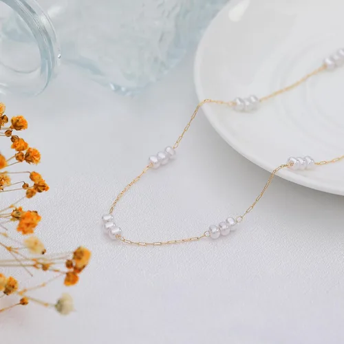 Miniatura 6 de TOBENY Collar de perlas para mujer, chapado en oro de 14 quilates, hecho a mano, gargantilla de perlas blancas, delicada, pequeña, pequeña, cadena