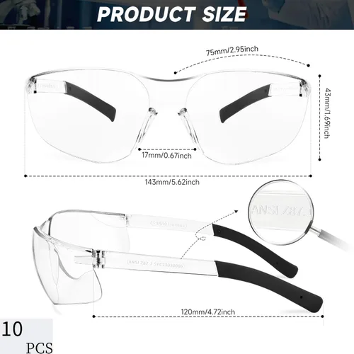 Miniatura 2 de Salfboy Gafas de seguridad transparentes a granel de 10 ANSI Z87.1 Gafas protectoras resistentes a arañazos para trabajo, laboratorio, construcción