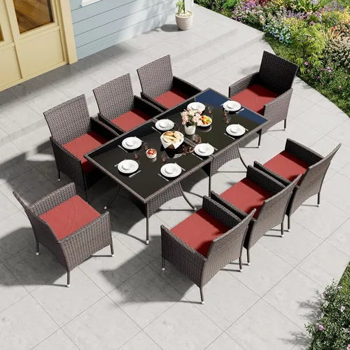 Miniatura 12 de Juego de 10 piezas de comedor para patio al aire libre, mesa de patio y sillas de ratán con agujero para paraguas, juego de mesa de comedor para 8