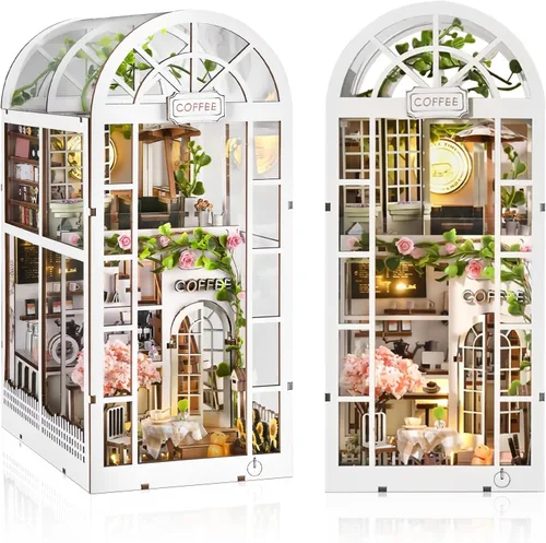 Green House - Kit de rincón de libro - Rompecabezas de madera 3D en miniatura de jardín de café, decoración de estantería para adultos y