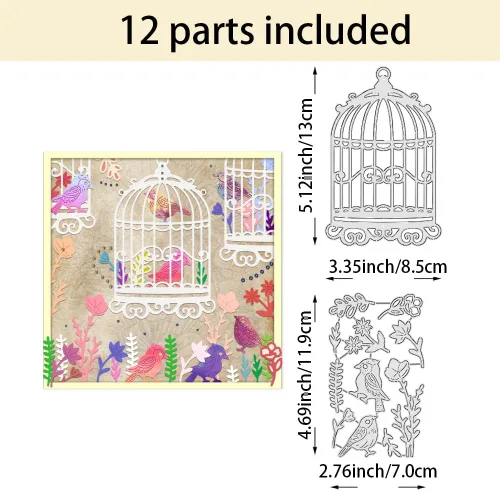 Miniatura 2 de BENECREAT Jaula de pájaros con plantillas de troqueles de corte de acero al carbono con flores, plantillas de troqueles de corte de metal