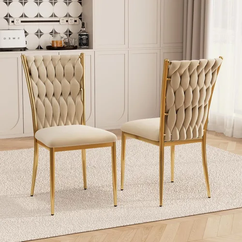 Miniatura 3 de Juego de 2 sillas de comedor de terciopelo, modernas sillas de cocina tejidas con patas de metal dorado, cojín tapizado con respaldo alto