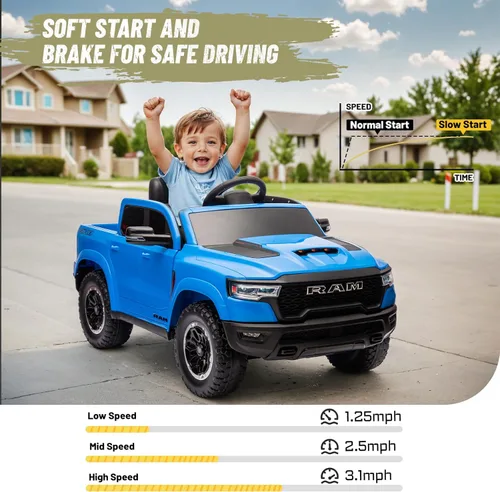Miniatura 6 de YOFE Ram 1500 RHO - Auto de paseo para niños, camión eléctrico de 12 V con control remoto, auto de juguete para niños con ventanas elevadas, Azul
