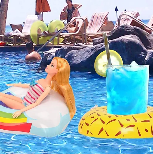 Miniatura 6 de Juego de 9 flotadores de piscina, accesorios de natación para muñecas de niña, divertido anillo de fiesta en piscina, soporte inflable para bebidas