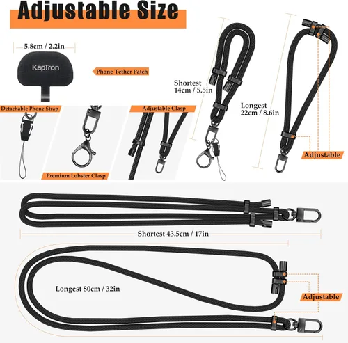 Miniatura 3 de Kaptron 2 cordones para teléfono celular: correa universal ajustable para teléfono y correa de muñeca, con 2 clips de langosta y 2 parches de Negro