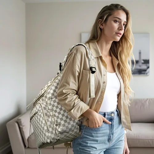 Miniatura 2 de Omanmoli Bolsa de pañales a cuadros, mochila grande de cuero para pañales con 17 bolsas organizadoras, cambiador, correas para cochecito, 4 Beige