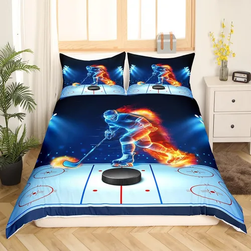Miniatura 3 de Manfei Juego de funda de edredón de hockey tamaño individual, juego de ropa de cama de jugador de hockey sobre fuego y agua, 2 piezas para niños