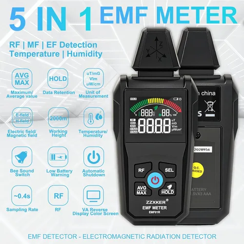 Miniatura 2 de Detector de radiación de medidor EMF, detector de EMF 5 en 1, detector de campo magnético y radiofrecuencia para humedad de temperatura EF MF RF