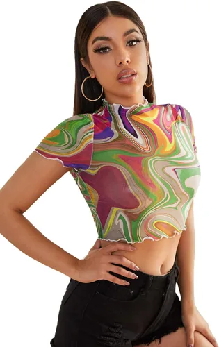 Miniatura 4 de Sweatyrocks - Blusa de manga corta de tela de malla transparente para mujer