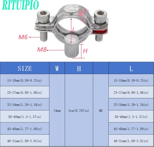 Miniatura 2 de 2 piezas alargar anillo dividido suspensión de tubo 304 acero inoxidable resistente soportes de tubería para tubería OD 15-19mm (0.59-0.75in)