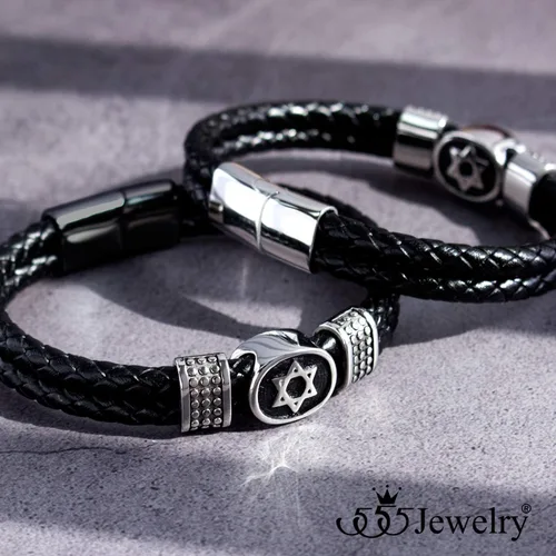 Miniatura 5 de 555Jewelry - Pulsera de piel trenzada de acero inoxidable con diseño de estrella de David para hombre