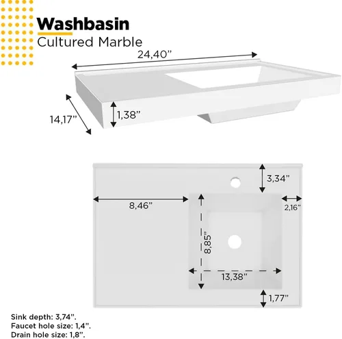 Miniatura 7 de COZIMAX Vanity Soul - Lavabo de baño flotante de 24 pulgadas y lavabo de mármol cultivado con puerta de cierre suave (negro)