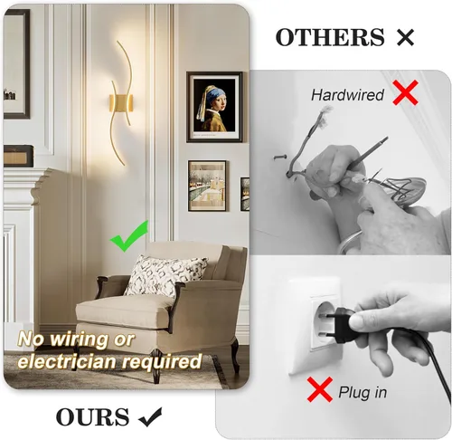 Miniatura 2 de KARTOOSH Aplique de pared a pilas con control remoto, colores continuos 3000K-6000K y atenuación, luz de pared LED inalámbrica dorada para sala