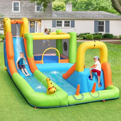 Miniatura 6 de OLAKIDS Tobogán acuático inflable, casa de rebote 7 en 1 con 2 toboganes de escalada de pared, piscina con 2 columnas de anillo, pistola de agua