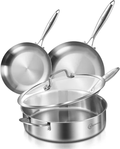 Miniatura 10 de LOLYKITCH Sartén tricapa de acero inoxidable de cuerpo entero de 5.5 QT con tapa, sartén para freír de 12 pulgadas, olla grande, apta para Plateado