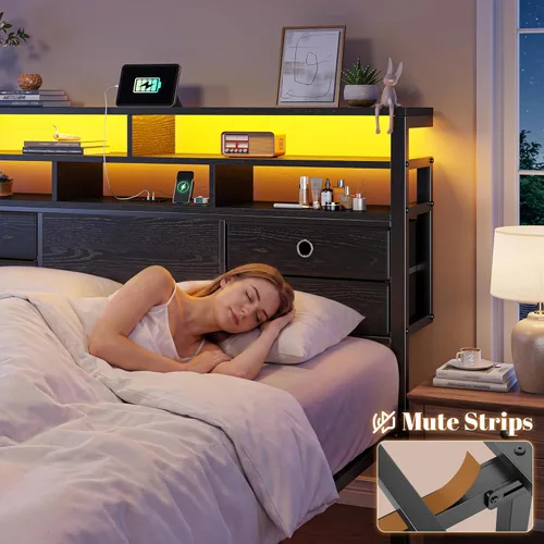 Miniatura 4 de Homkdom Base de cama de tamaño matrimonial con cabecera de almacenamiento de 3 niveles y 4 cajones, marco de cama matrimonial con luces LED