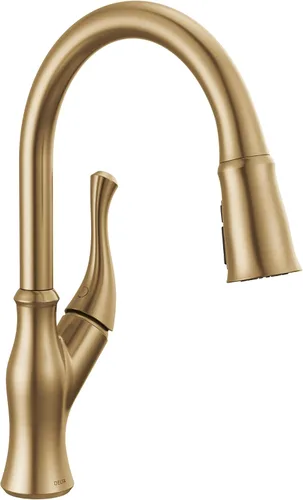 DELTA Ophelia - Grifo de cocina de oro cepillado con pulverizador extraíble, grifo de fregadero de cocina de un solo agujero moderno, una sola