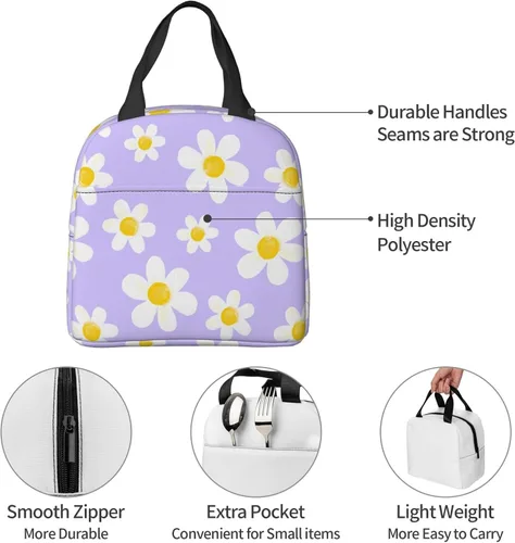 Miniatura 6 de Bolsa de almuerzo con diseño de margaritas blancas, color morado, aislante, reutilizable, contenedor portátil para comidas, para mujeres, cajas