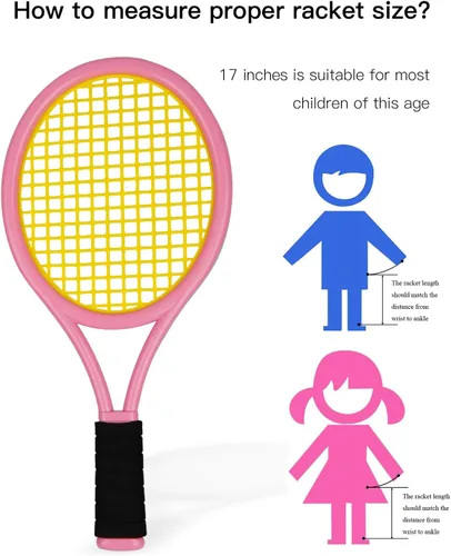 Miniatura 5 de Juego de raqueta de tenis para niños, raqueta de 17 pulgadas con 1 pelota de tenis, 4 volantes de bádminton y 3 pelotas suaves para deportes