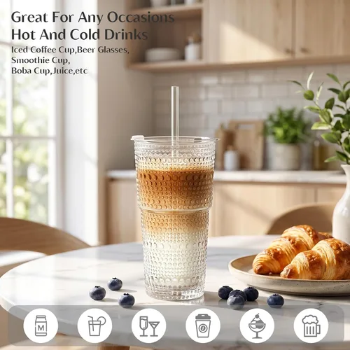 Miniatura 3 de INSETLAN Vasos de vidrio de hobnail de 20 onzas con tapas y pajitas de vidrio, 2 piezas, vasos de vidrio de pared gruesa para café helado, batidos