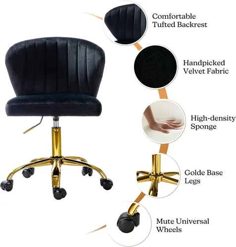 Miniatura 4 de TINA'S HOME Sillas de escritorio de oficina con ruedas y base dorada, moderna silla de oficina sin brazos de terciopelo, silla giratoria ajustable