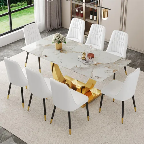 Miniatura 23 de Juego de mesa de comedor para 4, mesa de comedor de mármol sintético de 63 pulgadas con patas y base de acero inoxidable, sillas acolchadas