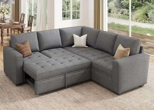 Miniatura 14 de HONBAY Sofá cama modular modular con cama extraíble, sofá en forma de L con asiento de almacenamiento, sofás seccionales para sala de estar, beige