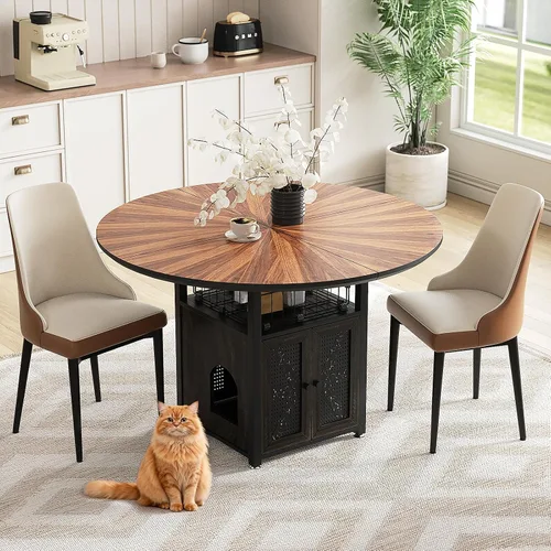 Miniatura 19 de Juego de mesa de comedor redonda de 47 pulgadas para 4-6 personas, juego de mesa de comedor grande de cocina estilo granja con sillas y estante