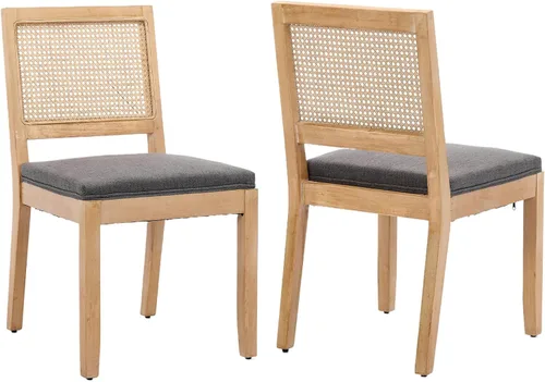 Miniatura 36 de Juego de 2 sillas de comedor de campo francés, sillas de comedor de madera de granja beige, silla de comedor con respaldo tejido con cojín tapizado