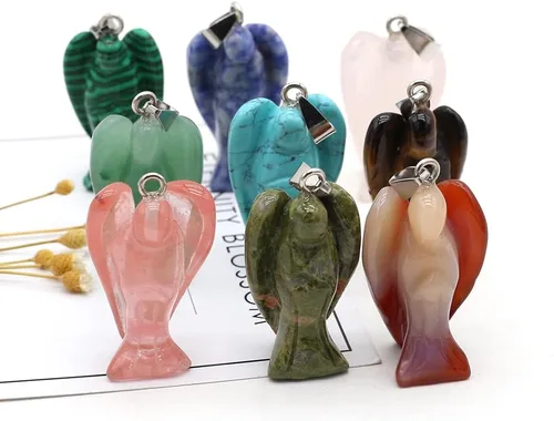 LHJ 3 colgantes de piedra de ángel de bolsillo de cristal natural, con forma de ángel guardián tallado, dijes de piedras preciosas curativas de