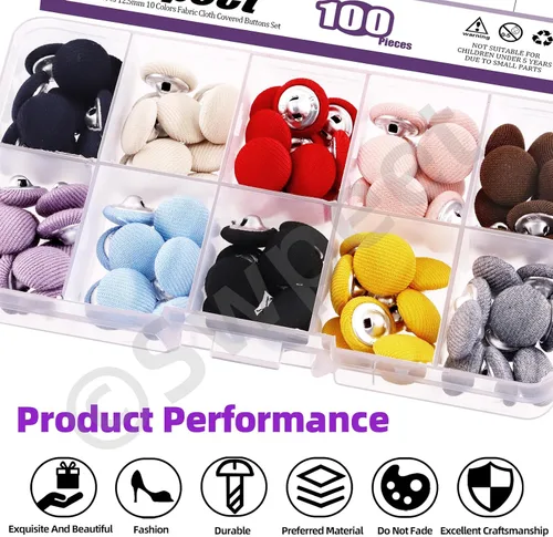 Miniatura 5 de Swpeet Kit surtido de 100 botones redondos de 10 colores, 0.492 in de tela cubierta de tela de tela de 0.492 in, perfecto para bodas nupciales