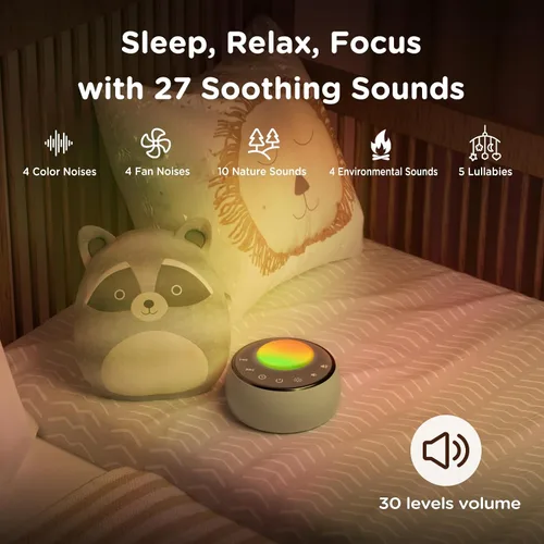 Miniatura 4 de Peakeep Máquina de sonido con luz para dormir para bebé, ventilador de latido cardíaco de ruido blanco, 27 sonidos, 3 reguladores regulables