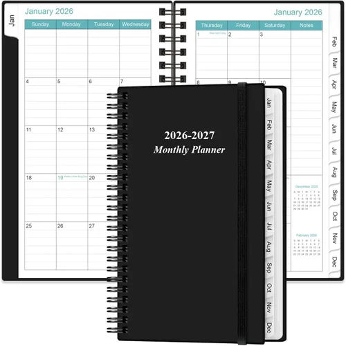 Miniatura 20 de Agenda mensual 2026-2027, enero 2026 a junio 2027, dos páginas por mes, calendario mensual de 18 con pestañas, bolsillo interior, 6.4 x 8.5 Negro