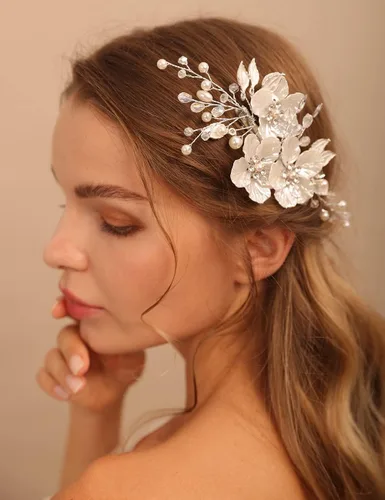 Miniatura 5 de Jumwrit Pinza para el pelo nupcial con diamantes de imitación, pinza de pelo de flor blanca para novias, damas de honor, tocado de perlas hechas a