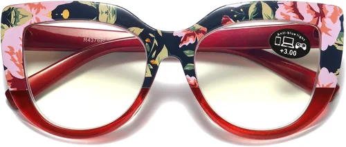 Miniatura 2 de Paquete de 3 lentes de lectura de gran tamaño con diseño de ojo de gato azul y antirreflejos para mujer, bisagras de resorte, lectores florales