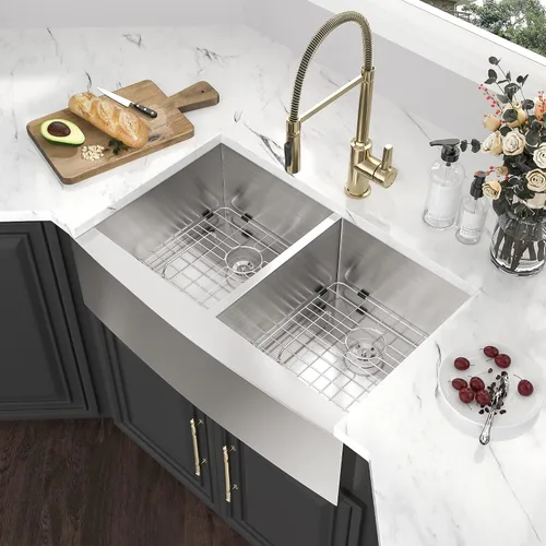 Miniatura 3 de Kichae 33 Farm Sink Double Bowl - Delantal de fregadero de granja de 33 pulgadas, delantal frontal de doble tazón, acero inoxidable 50/50, calibre