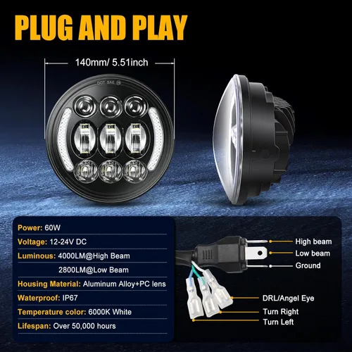 Miniatura 3 de SUPAREE Faro delantero LED para motocicleta de 5.75 pulgadas con halo DRL y señal de giro Plug & Play de 5-3/4 pulgadas Faro delantero de proyección