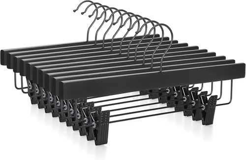 Miniatura 12 de TOPIA HANGER Perchas para pantalones, paquete de 10 perchas de bambú con clips negros y gancho giratorio, perchas duraderas de madera natural
