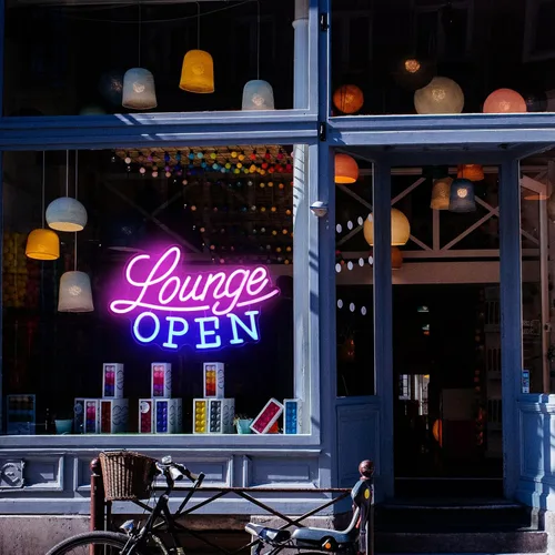 Miniatura 6 de Letrero de neón con texto en inglés "Lounge Abierto" VIP Lounge, luz de neón, rosa y azul, letra LED, regulable, letreros de negocios, letreros Rosa