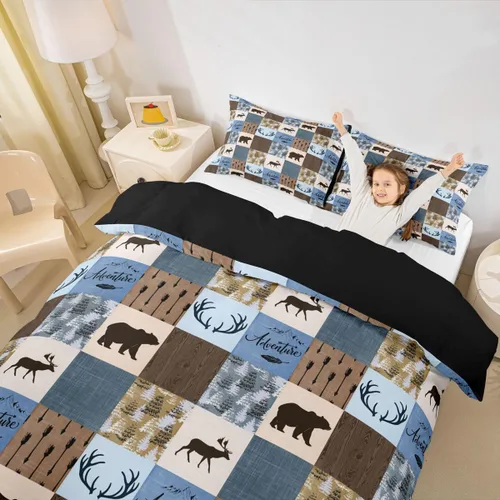 Erosebridal Funda de edredón rústica de ciervo, tamaño individual, funda de edredón de retazos de oso para niños, adolescentes y adultos, juego de