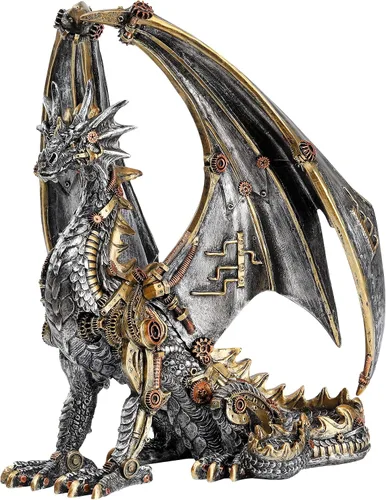 Estatua de dragón steampunk gótica retro equipo mecánico sentado dragón de aspecto metálico, escultura de resina para el hogar, decoración de cuevas