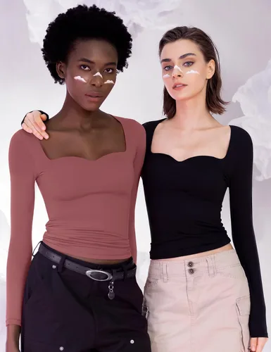 Miniatura 6 de PUMIEY Camisetas de manga larga para mujer, cuello corazón, ajustadas, para salir, sexy, básica, colección Smoke Cloud Pro