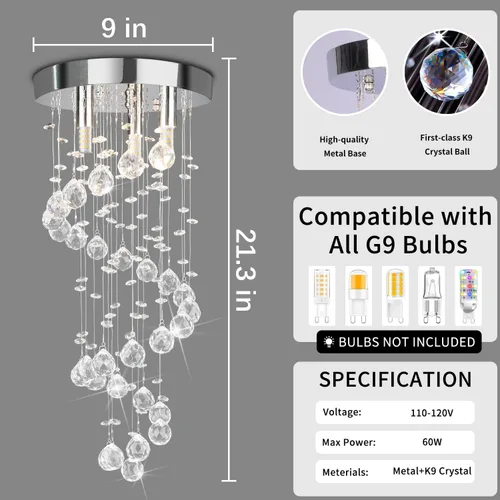 Miniatura 5 de 3-Lights Spairal Crystal Chandelier,Modern Raindrop Light Fixture Pendant Ceiling Mount Lamp Lighting Fixtures for LivingRoom, Bedroom, Bathroom D9