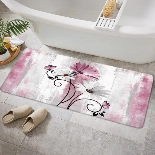 Miniatura 23 de Alfombra de Baño Rústica de Granja, Alfombra de Baño de Madera de Campo con Flores de Margaritas Moradas, Mariposas y Estilo Campestre, Alfombra