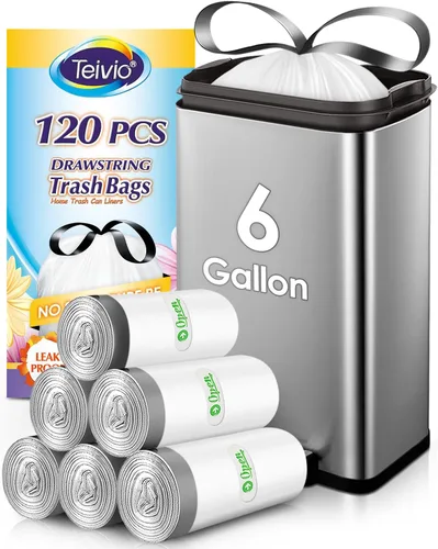 Miniatura 16 de Bolsas de basura con cordón de Teivio, 1.6 galones, 120 unidades, bolsas de basura resistentes, tamaño mediano, para papeleras de cocina y baño