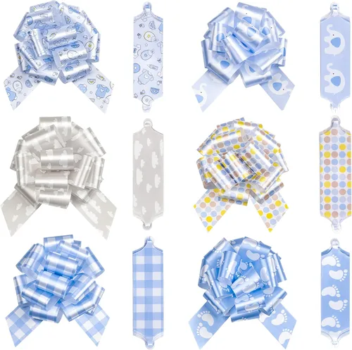 LeZakaa 12 lazos con cinta, lazos de regalo azules con diseño de elefante, nube, estampado de pies, perfectos para bebé niño