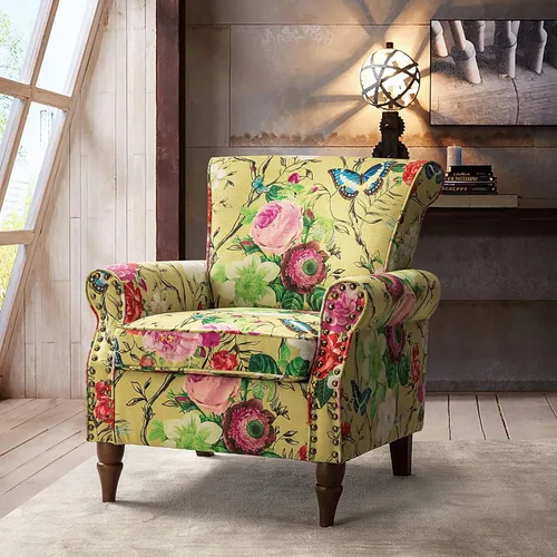 Miniatura 14 de HULALA HOME Silla moderna con respaldo de alas con patas de madera y cojín extraíble, cómodo sillón tapizado con ribete de cabeza de clavo, sofá