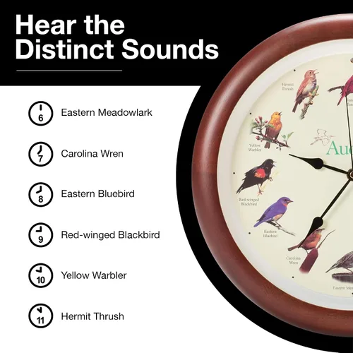 Miniatura 5 de Mark Feldstein, Audubon - Reloj de pared con diseño de pájaro cantante, 13 pulgadas, cereza prémium