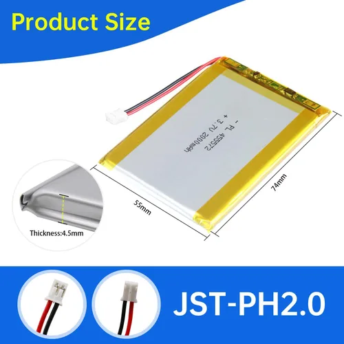 Miniatura 3 de 455572 Batería Lipo 3.7V 2000mAh 455572 Paquete de Batería Recargable de Polímero de Litio con Conector JST PH2.0mm para Dispositivo Electrónico