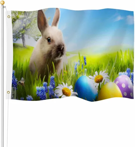 Yekiua Bandera de conejo de Pascua, huevos de 3 x 5 en hierba verde con margaritas, flores resistentes a la decoloración UV, color vivo, cabecera de